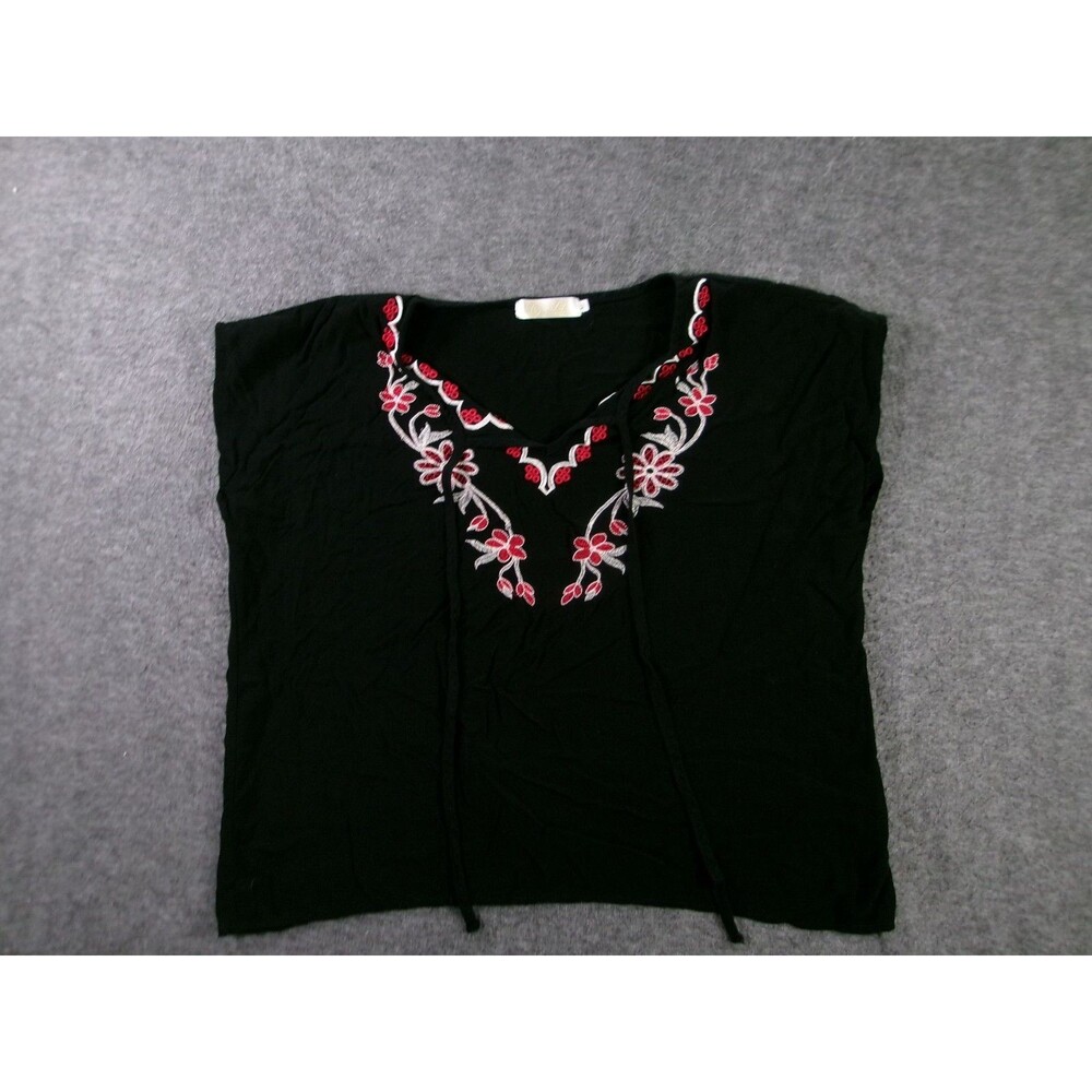 AZZ Top Womens L Black Embroidered V-Neck Tie Peasant Boho Short Sleeve Soft